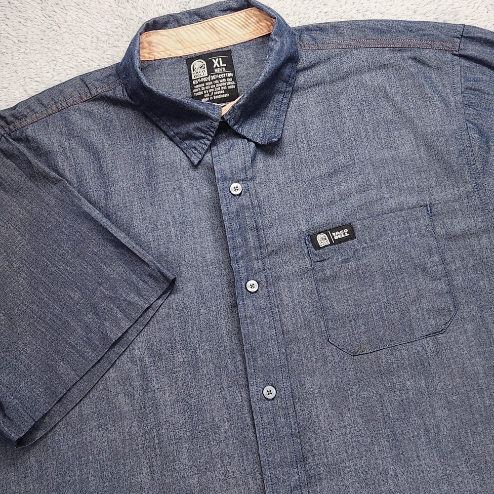 Taco Bell Shirt Mens XL Blue Chambray Short Sleeve Work Uniform Button Up Logo